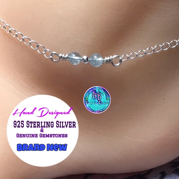 Pamynthia Designs Jewelry - Aquamarine Sterling Silver Ankle Bracelet- Dainty 2 Bead Aquamarine Anklet